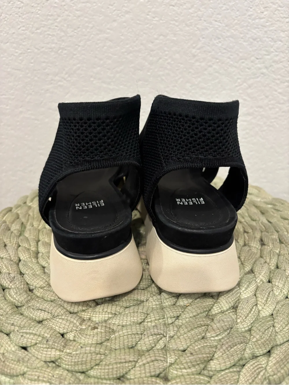 Eileen Fisher Chant Tumbled Black Leather Wedge Sandal Size 10